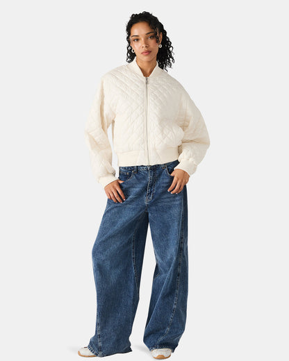Steve Madden DARLA Ivory Long-Sleeved Zip-Up Quilted Women's Jacket