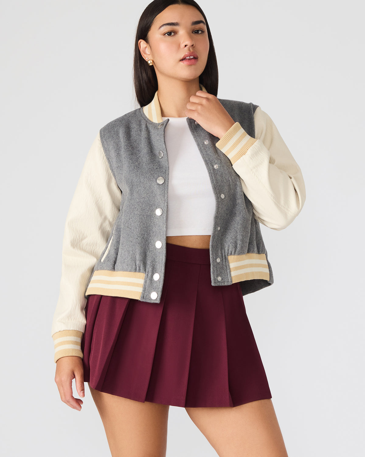 Steve Madden ROONEY Heather Grey Long-Sleeved Varsity Bomber Women's Jacket