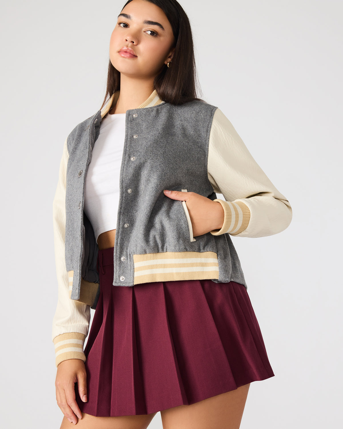 Steve Madden ROONEY Heather Grey Long-Sleeved Varsity Bomber Women's Jacket