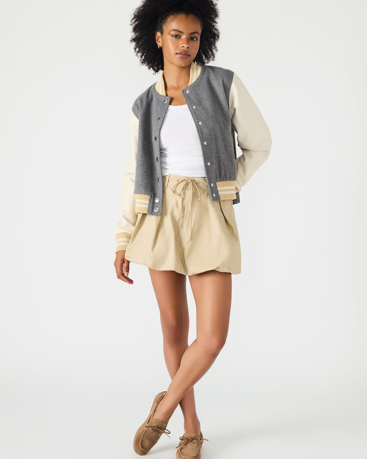 Steve Madden ROONEY Heather Grey Long-Sleeved Varsity Bomber Women's Jacket