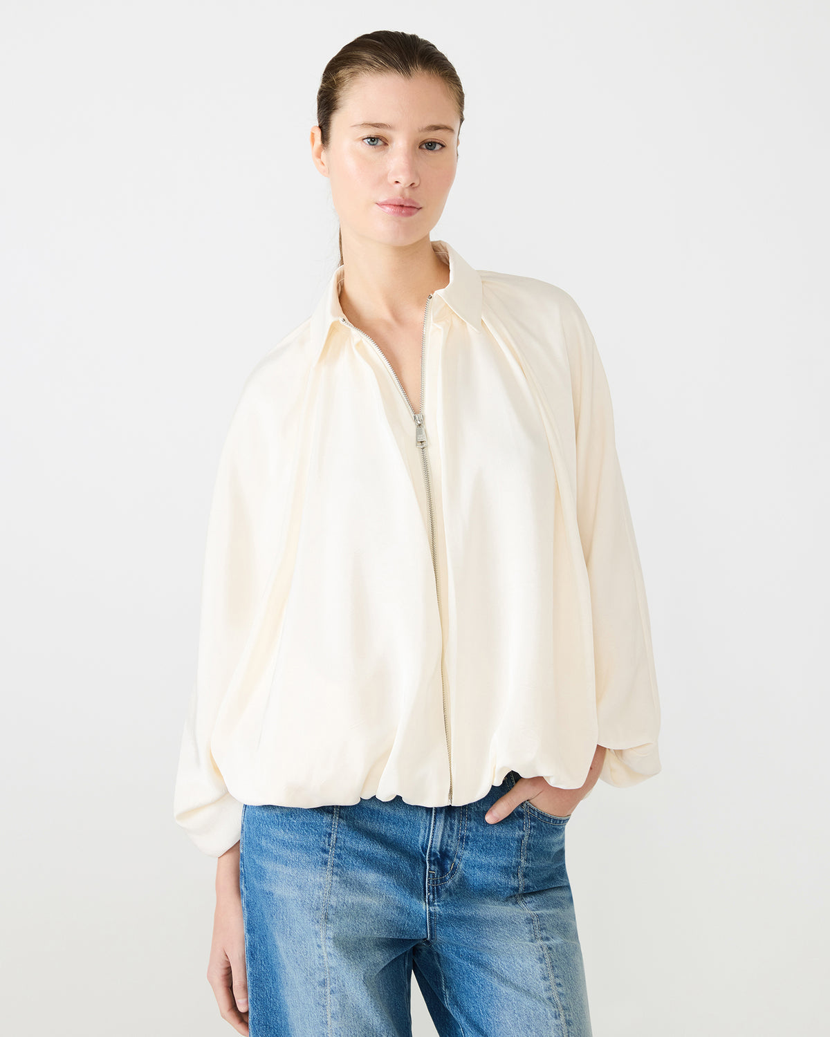 Steve Madden ASPEN Cream Long-Sleeved Zip-Up Puffed Bomber Women's Jacket