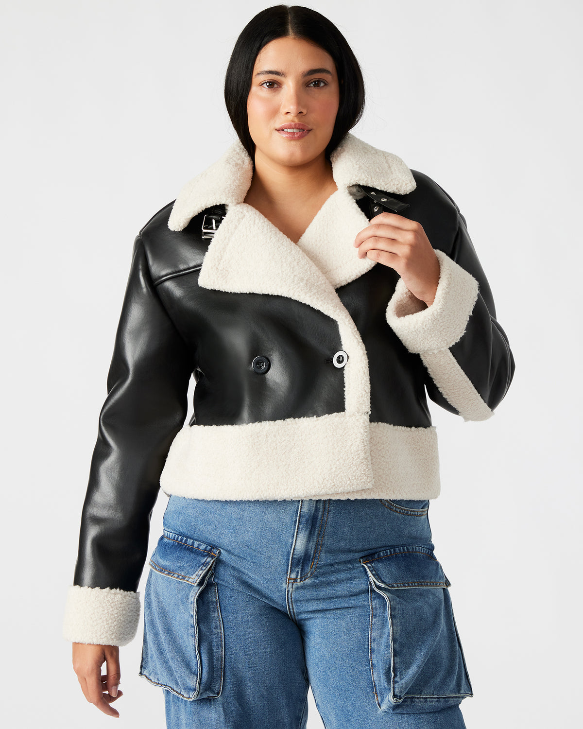 Steve Madden ATHEN Black Women's Faux Leather Shearling Trim Jacket
