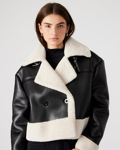 Steve Madden ATHEN Black Women's Faux Leather Shearling Trim Jacket