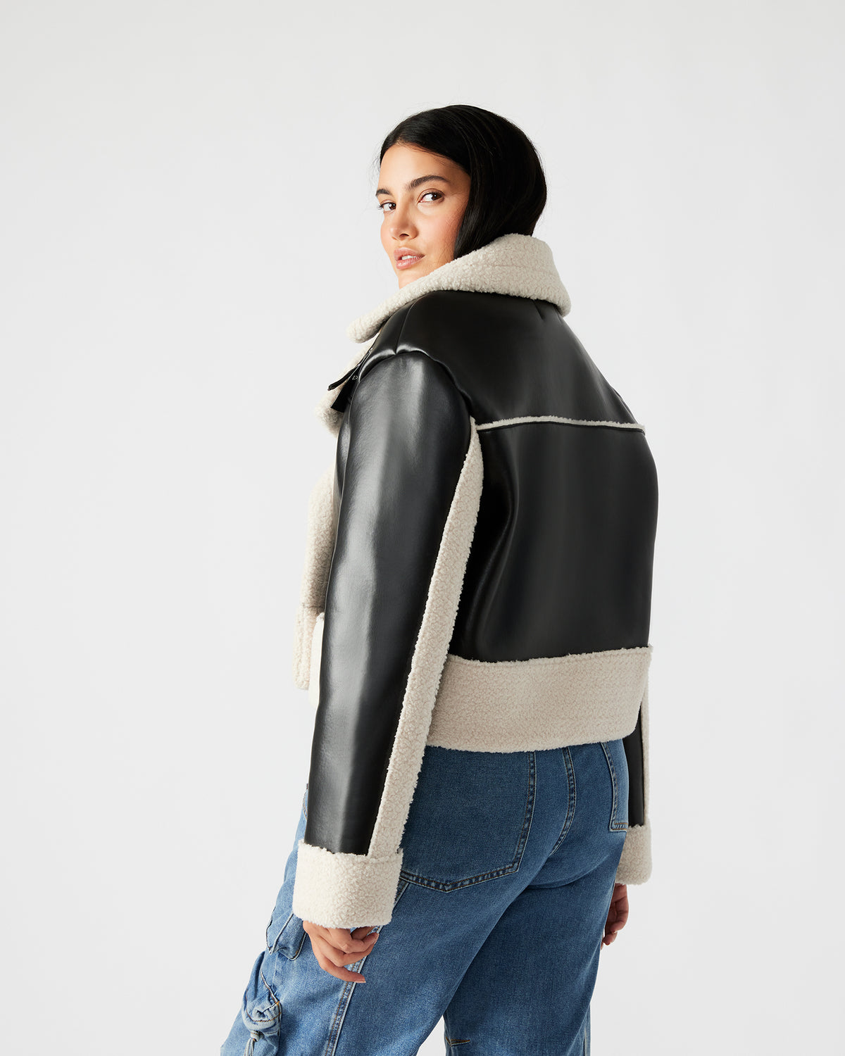 Steve Madden ATHEN Black Women's Faux Leather Shearling Trim Jacket