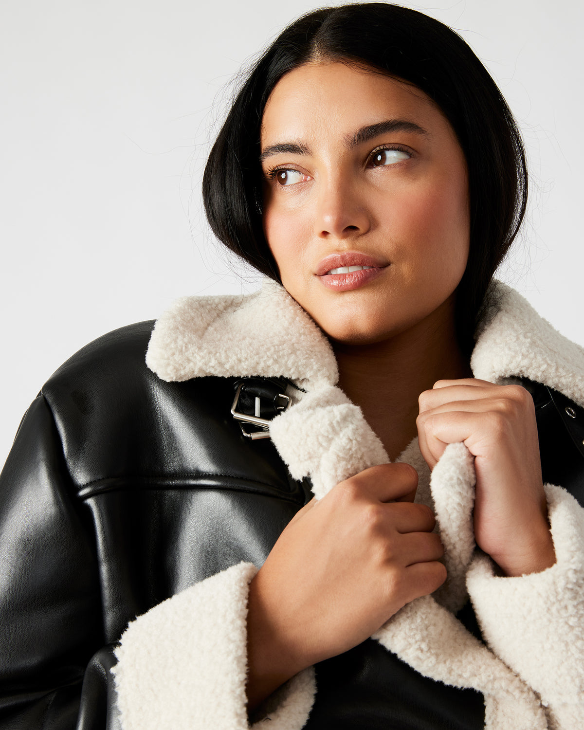 Steve Madden ATHEN Black Women's Faux Leather Shearling Trim Jacket