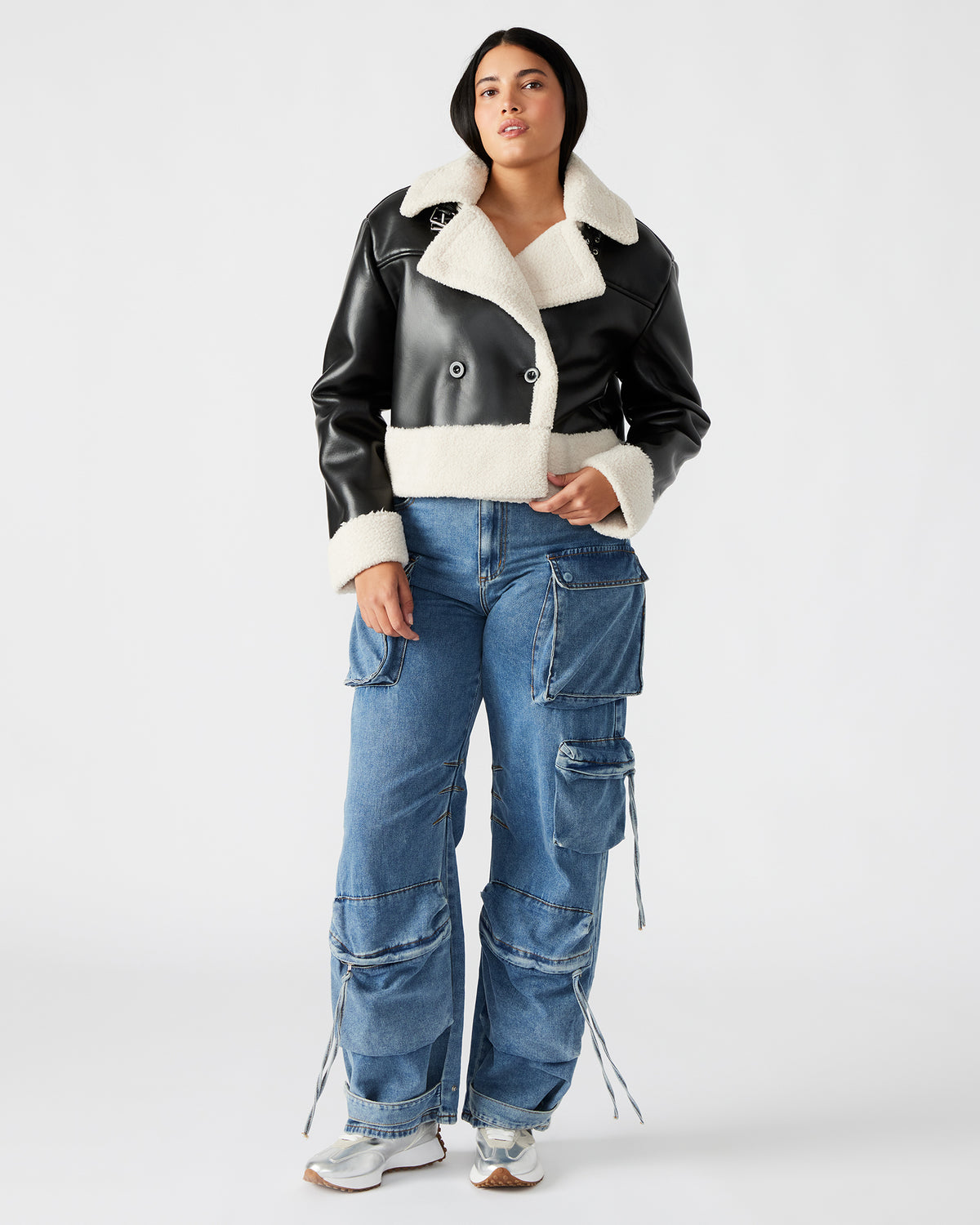 Steve Madden ATHEN Black Women's Faux Leather Shearling Trim Jacket