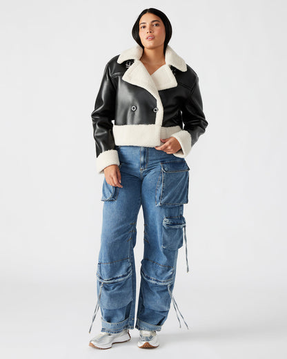 Steve Madden ATHEN Black Women's Faux Leather Shearling Trim Jacket