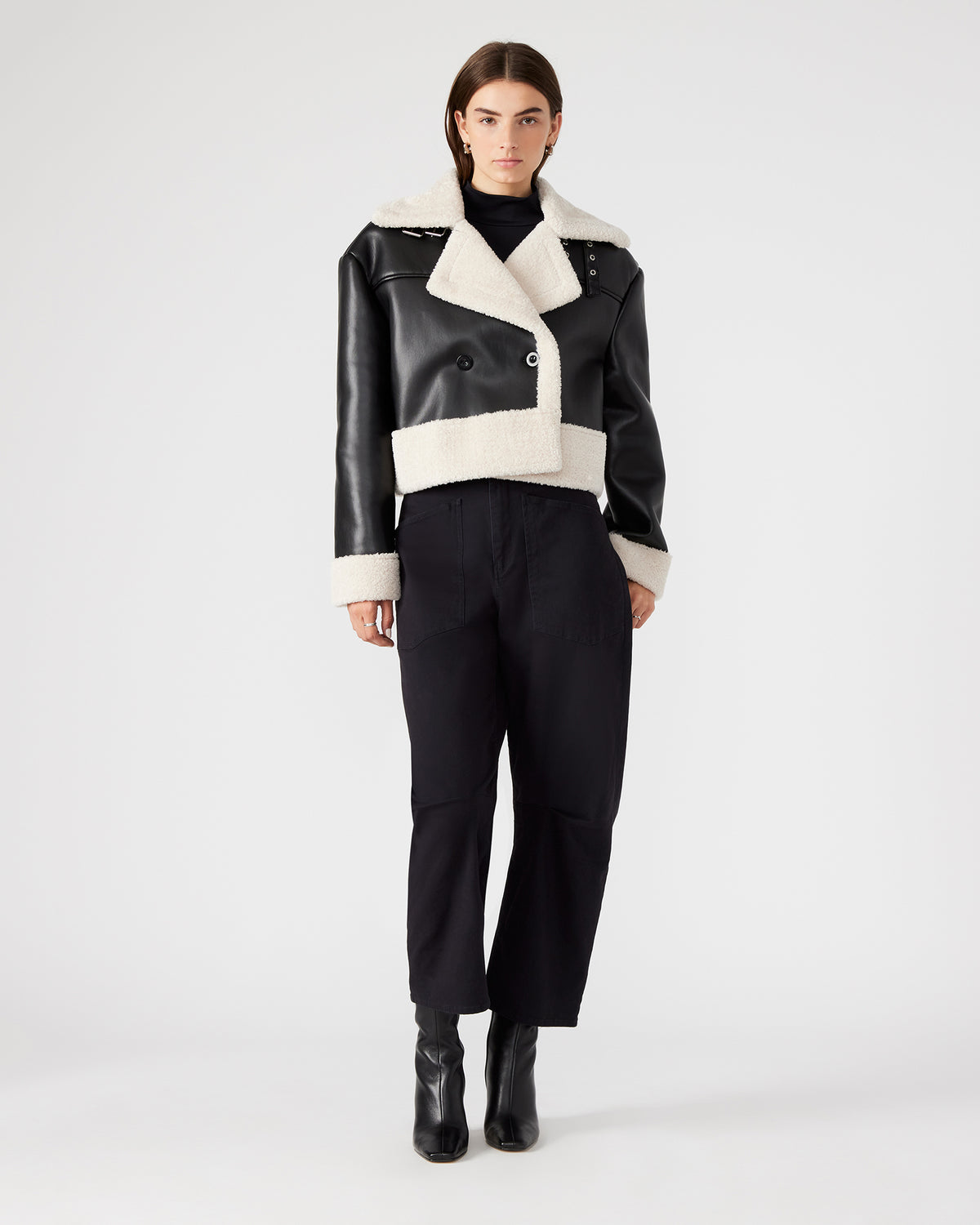 Steve Madden ATHEN Black Women's Faux Leather Shearling Trim Jacket