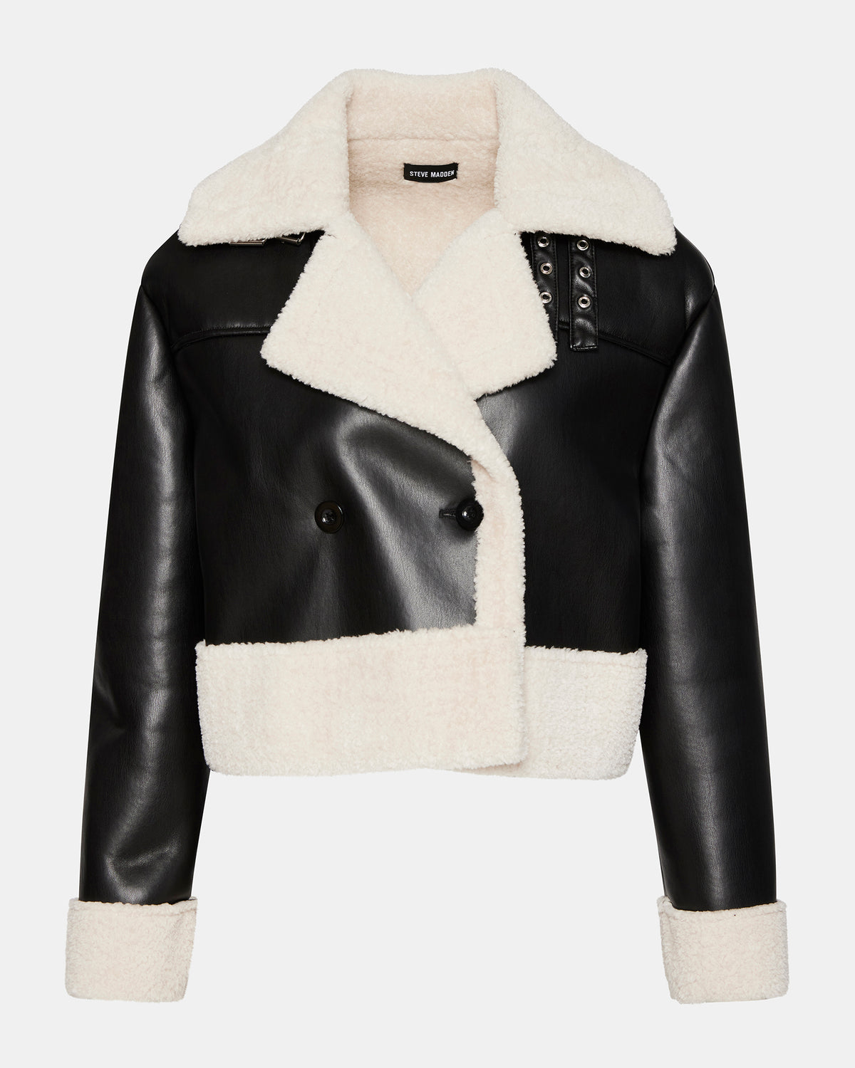 Steve Madden ATHEN Black Women's Faux Leather Shearling Trim Jacket