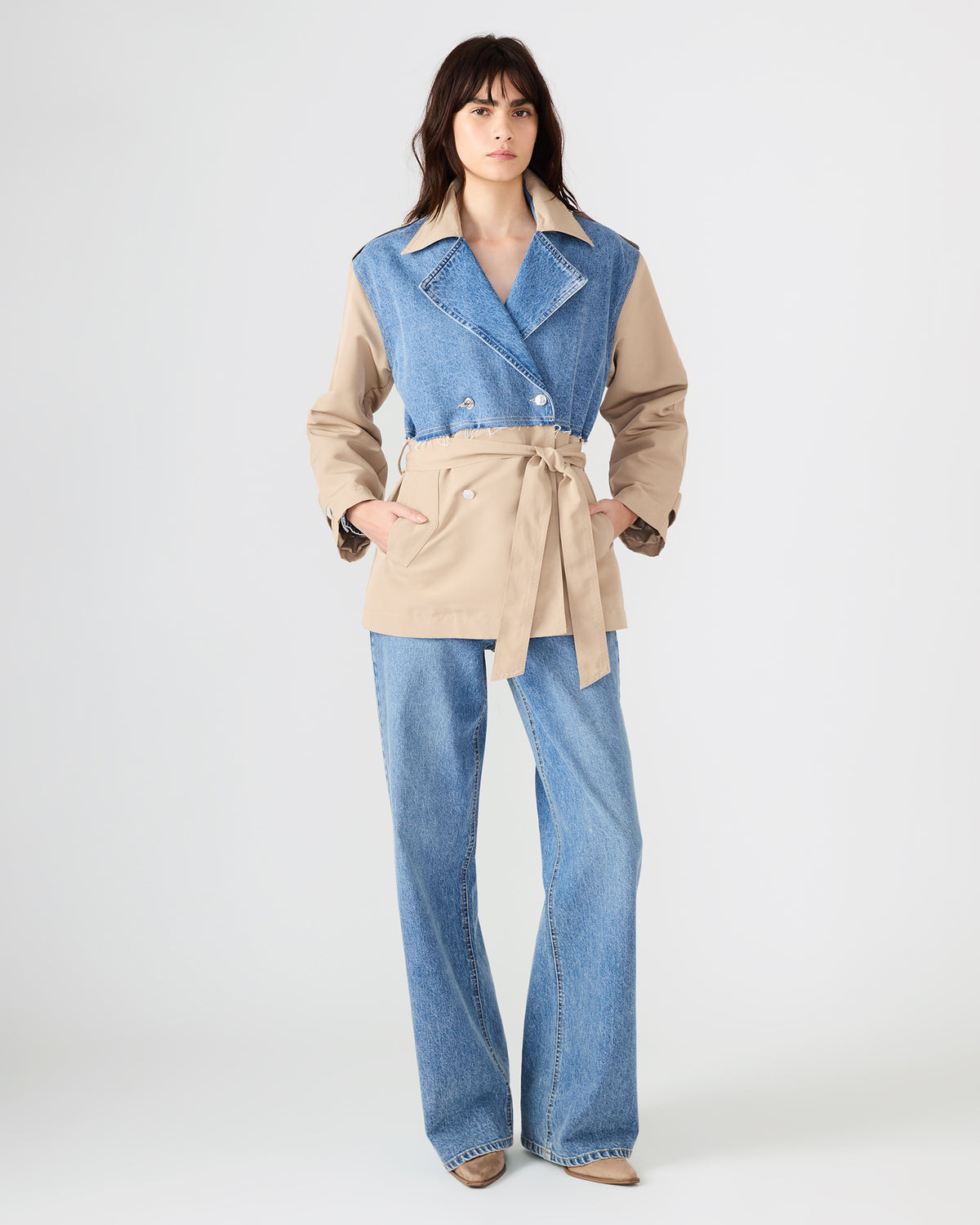 Steve Madden SHYLA Denim Multi Long-Sleeved Denim Khaki Button-Up Tie-Front Women's Coat