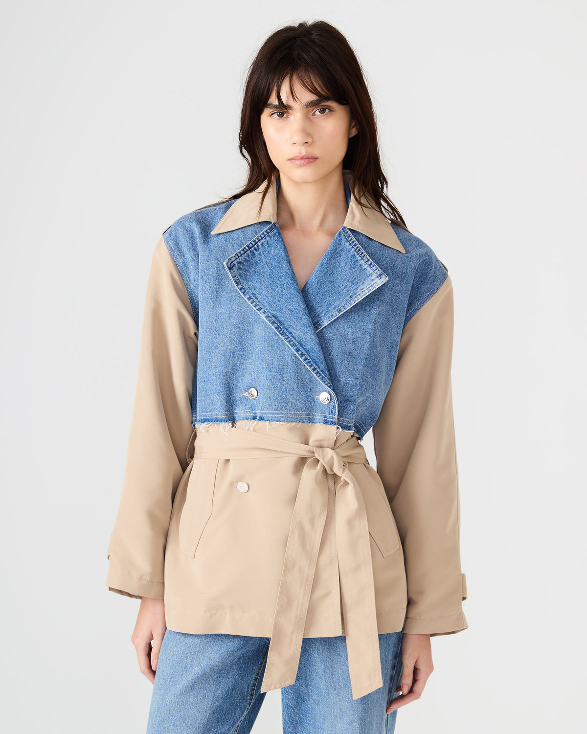 Steve Madden SHYLA Denim Multi Long-Sleeved Denim Khaki Button-Up Tie-Front Women's Coat