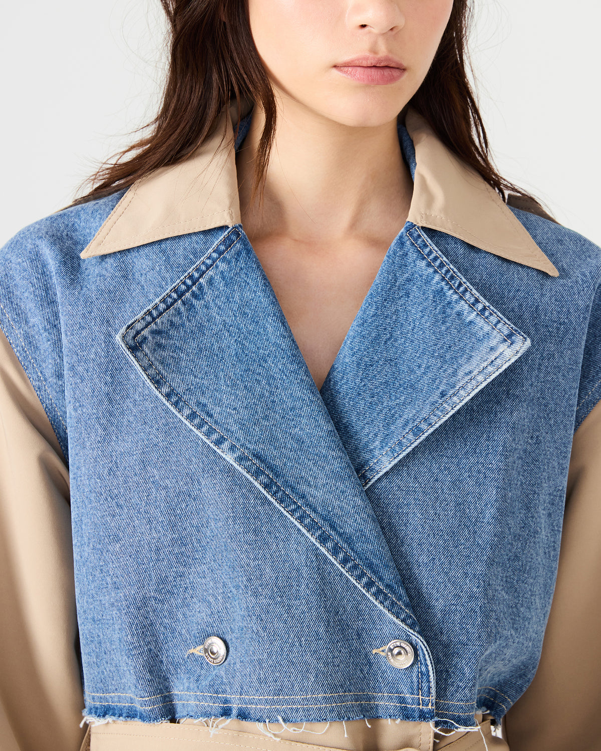 Steve Madden SHYLA Denim Multi Long-Sleeved Denim Khaki Button-Up Tie-Front Women's Coat