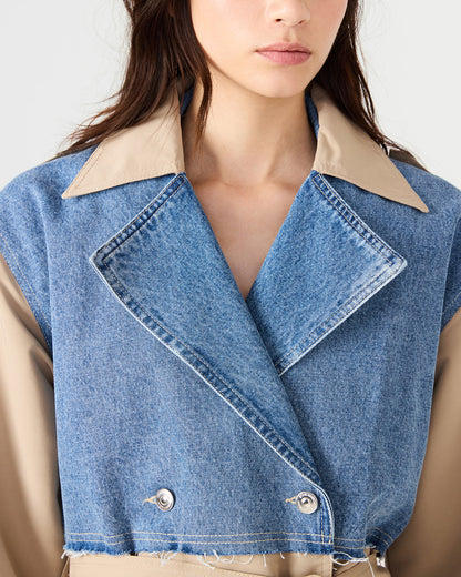 Steve Madden SHYLA Denim Multi Long-Sleeved Denim Khaki Button-Up Tie-Front Women's Coat