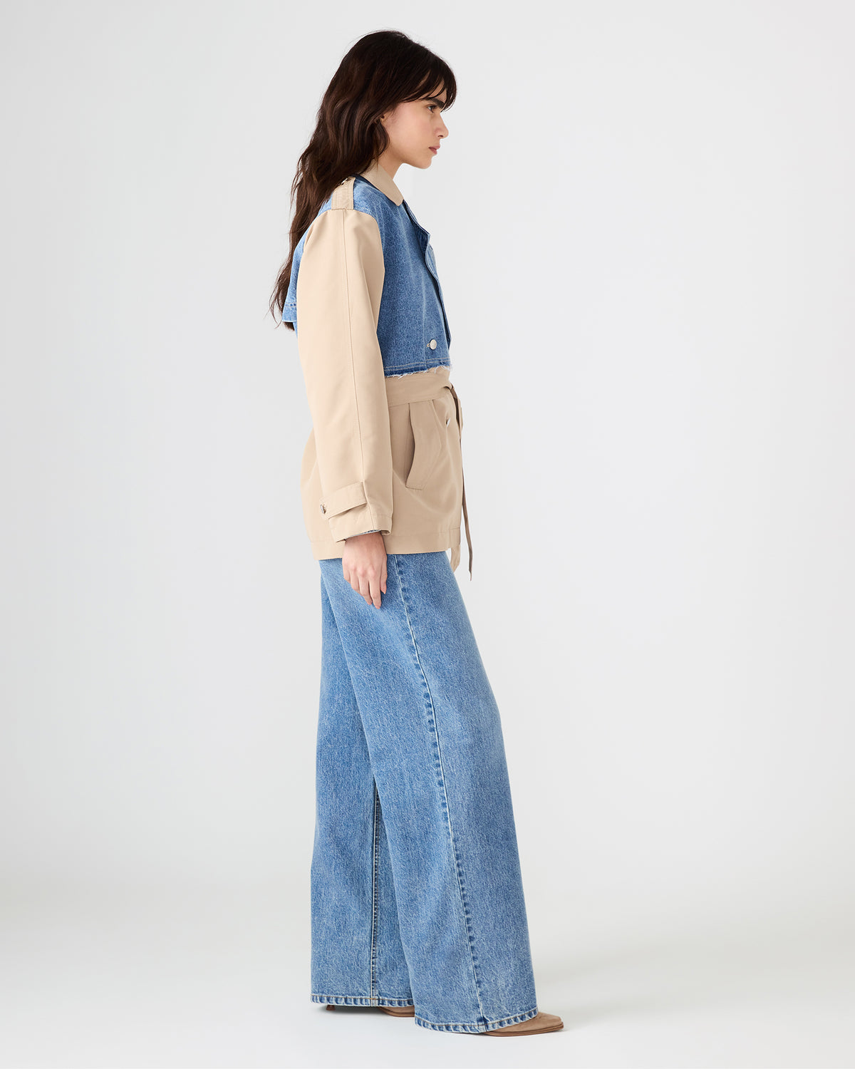 Steve Madden SHYLA Denim Multi Long-Sleeved Denim Khaki Button-Up Tie-Front Women's Coat