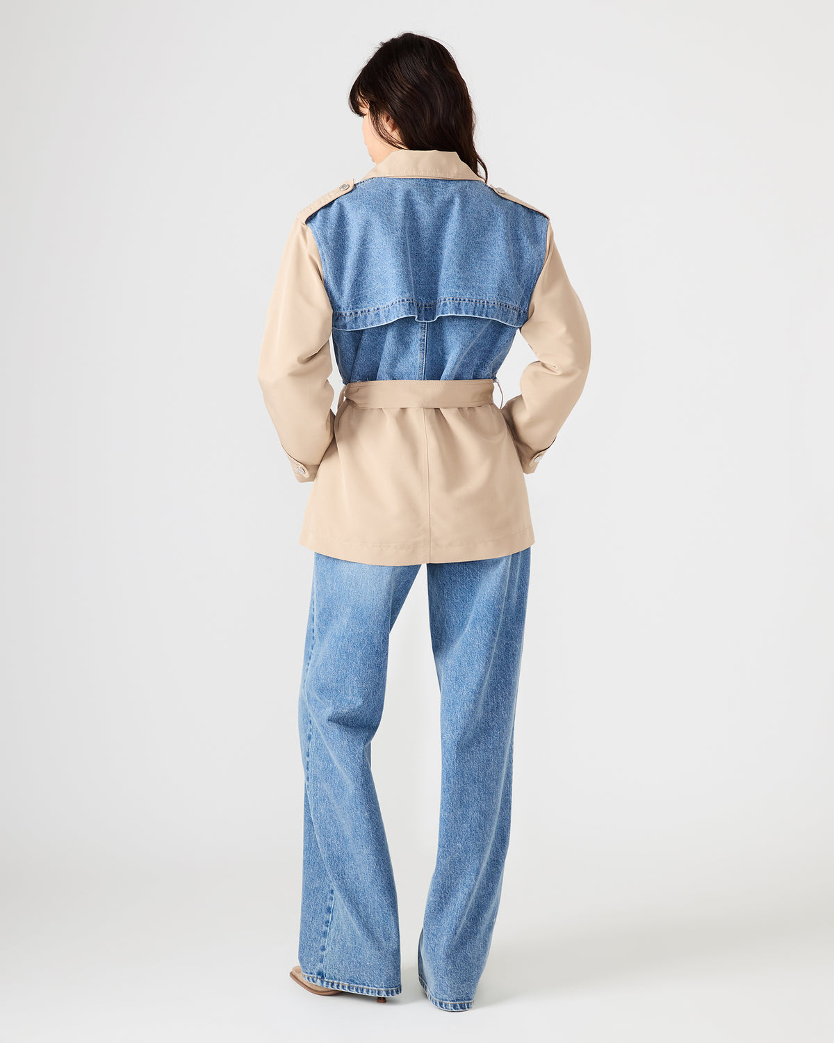 Steve Madden SHYLA Denim Multi Long-Sleeved Denim Khaki Button-Up Tie-Front Women's Coat