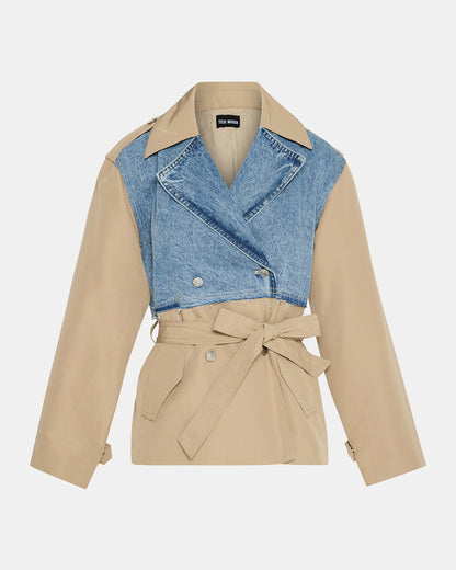 Steve Madden SHYLA Denim Multi Long-Sleeved Denim Khaki Button-Up Tie-Front Women's Coat