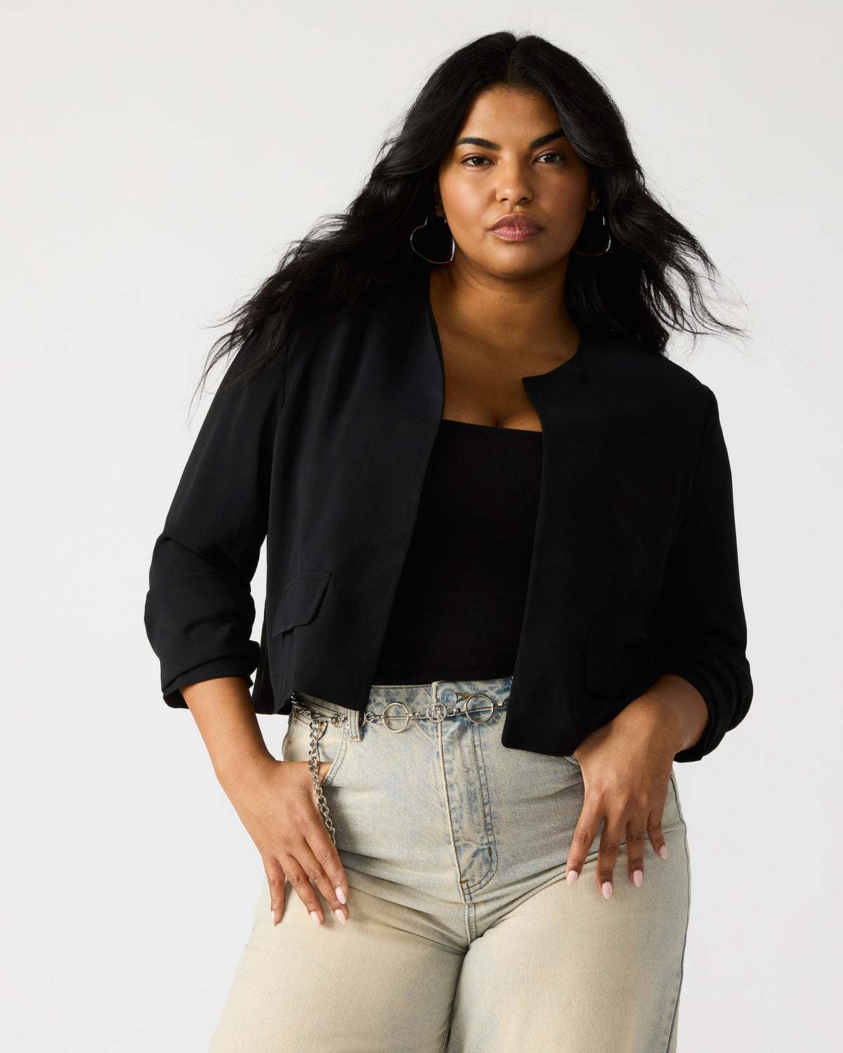 Steve Madden SERENEA Black Women's Long-Sleeved Open-Front Blazer