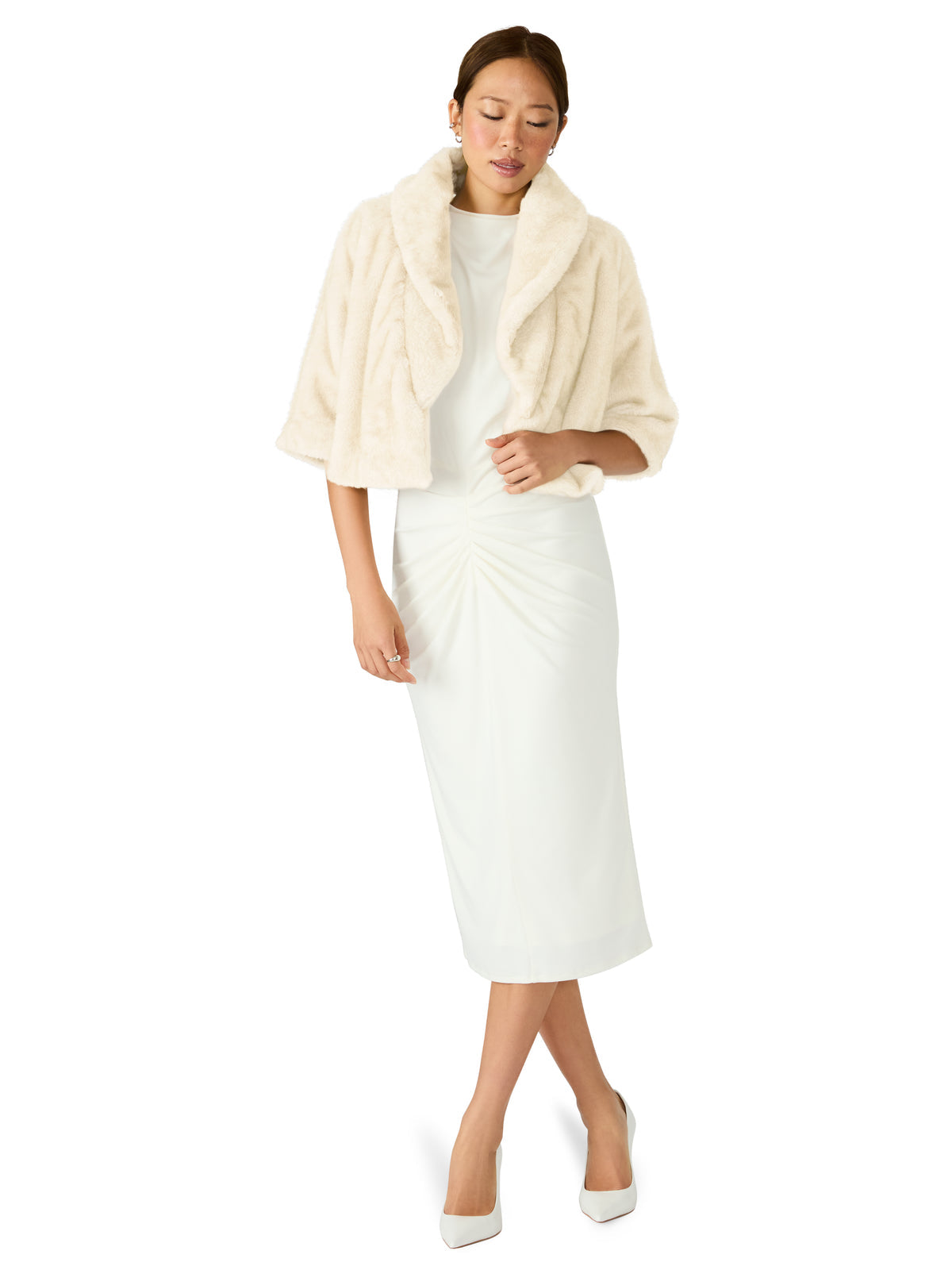 Steve Madden HESTIA Cream Faux Fur Cropped Collared Neckline Women's Coat