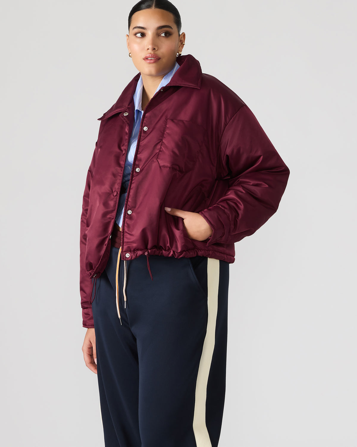 Steve Madden SELMA Wine Long-Sleeved Puffer Button-Up Women's Jacket