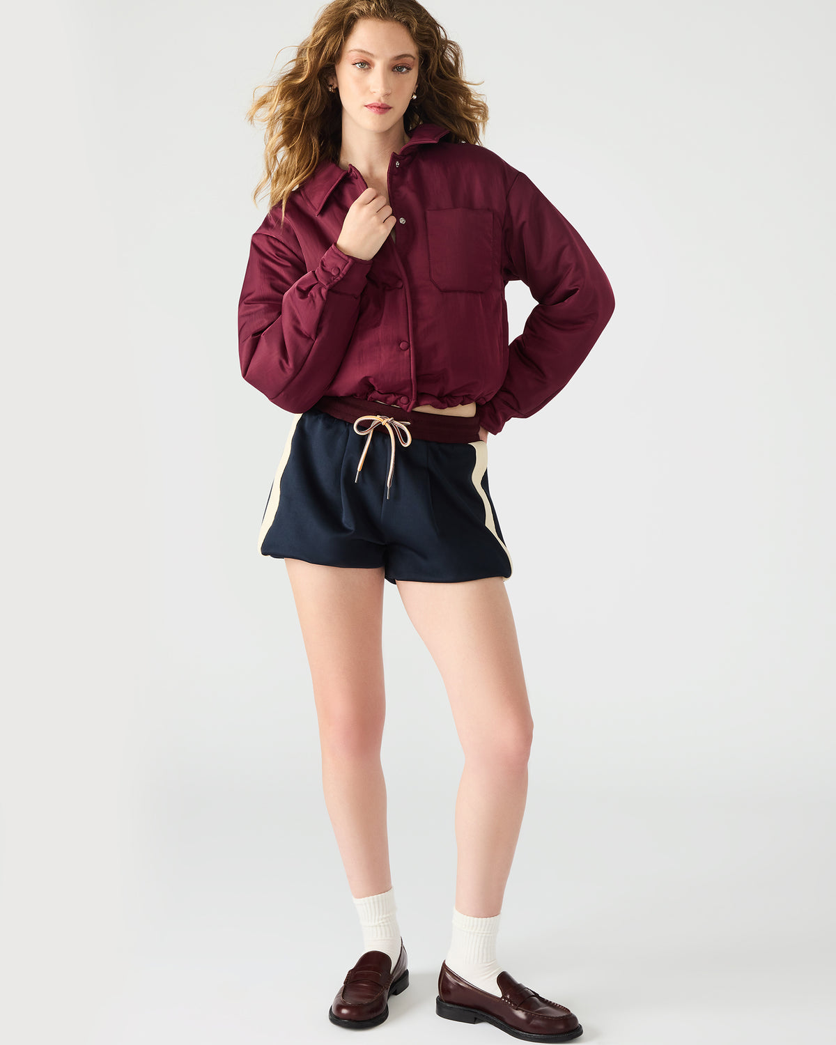 Steve Madden SELMA Wine Long-Sleeved Puffer Button-Up Women's Jacket