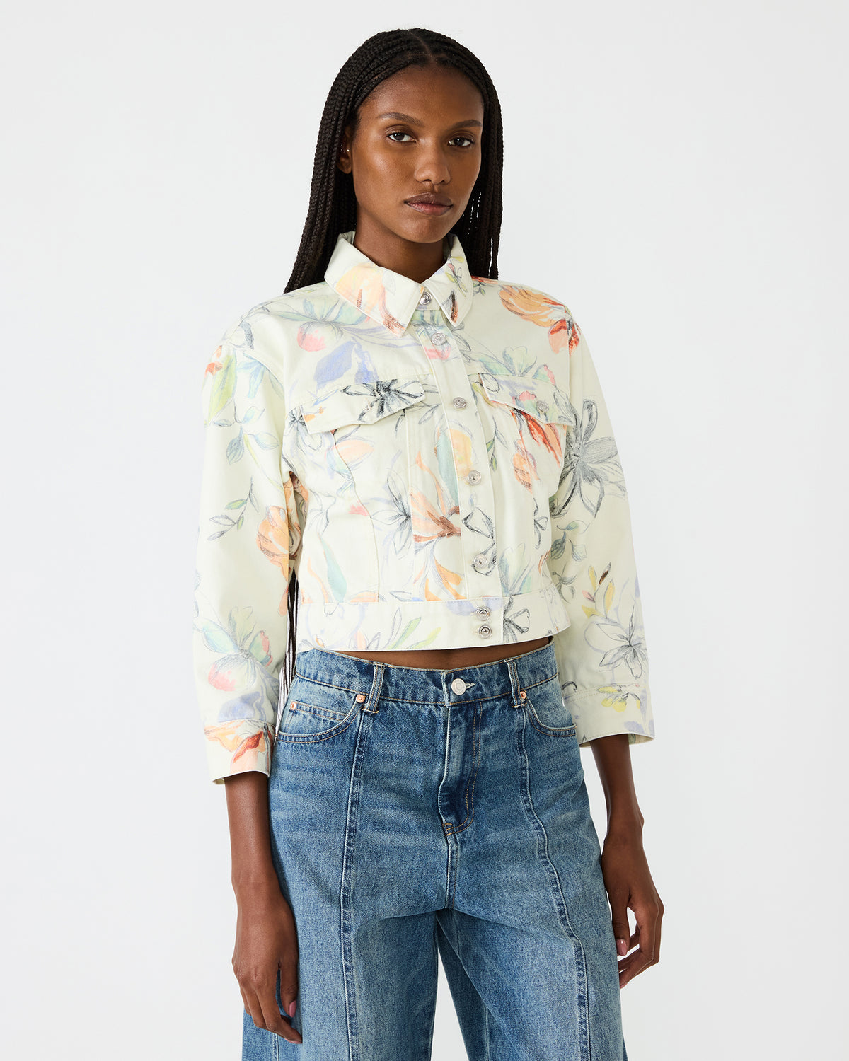 Steve Madden RALEIGH Vintage Ivory Long-Sleeved Button-Up Denim Women's Jacket