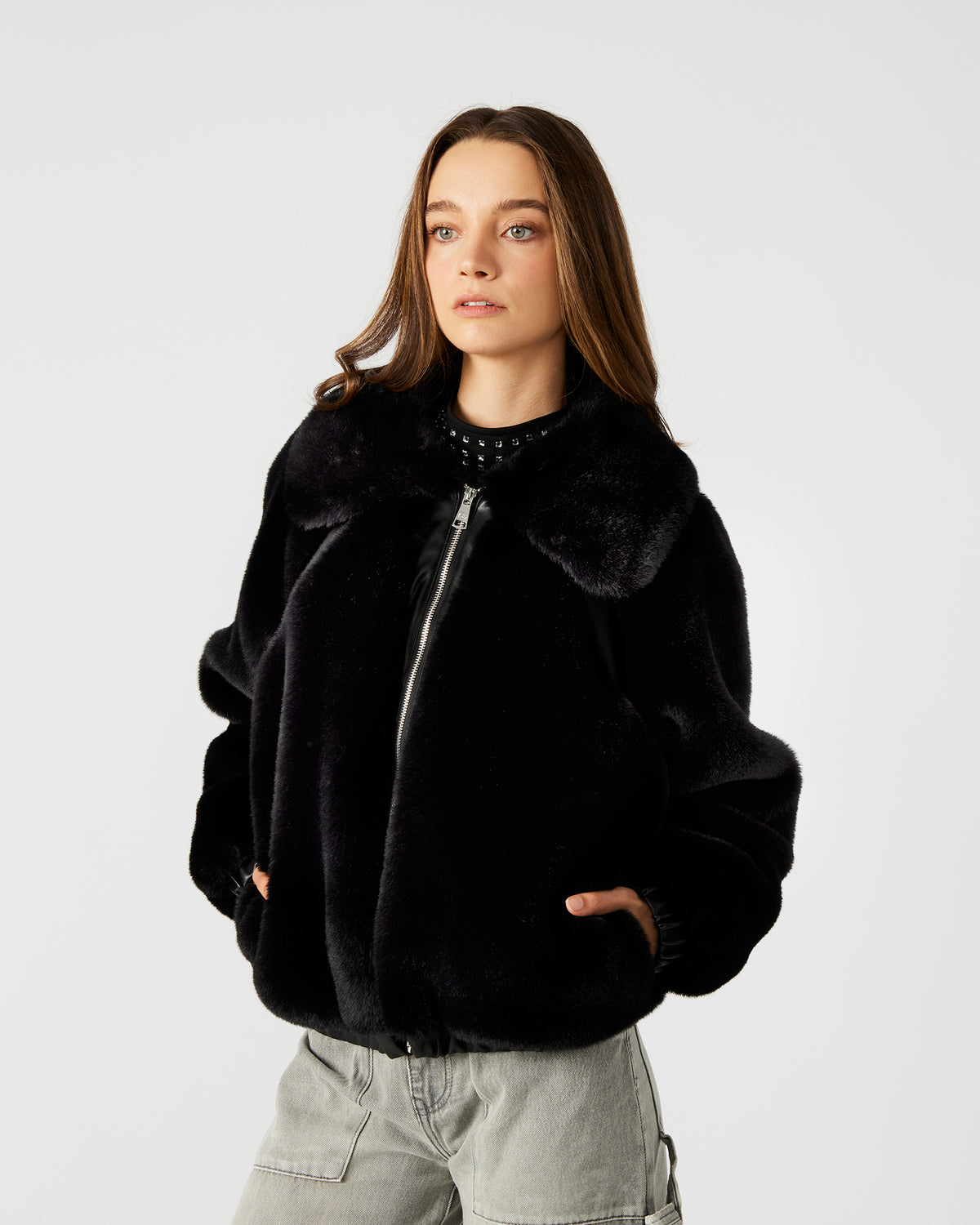 Steve Madden ZEPHRINE Jacket Black | Women's Long-Sleeved Furry Jacket