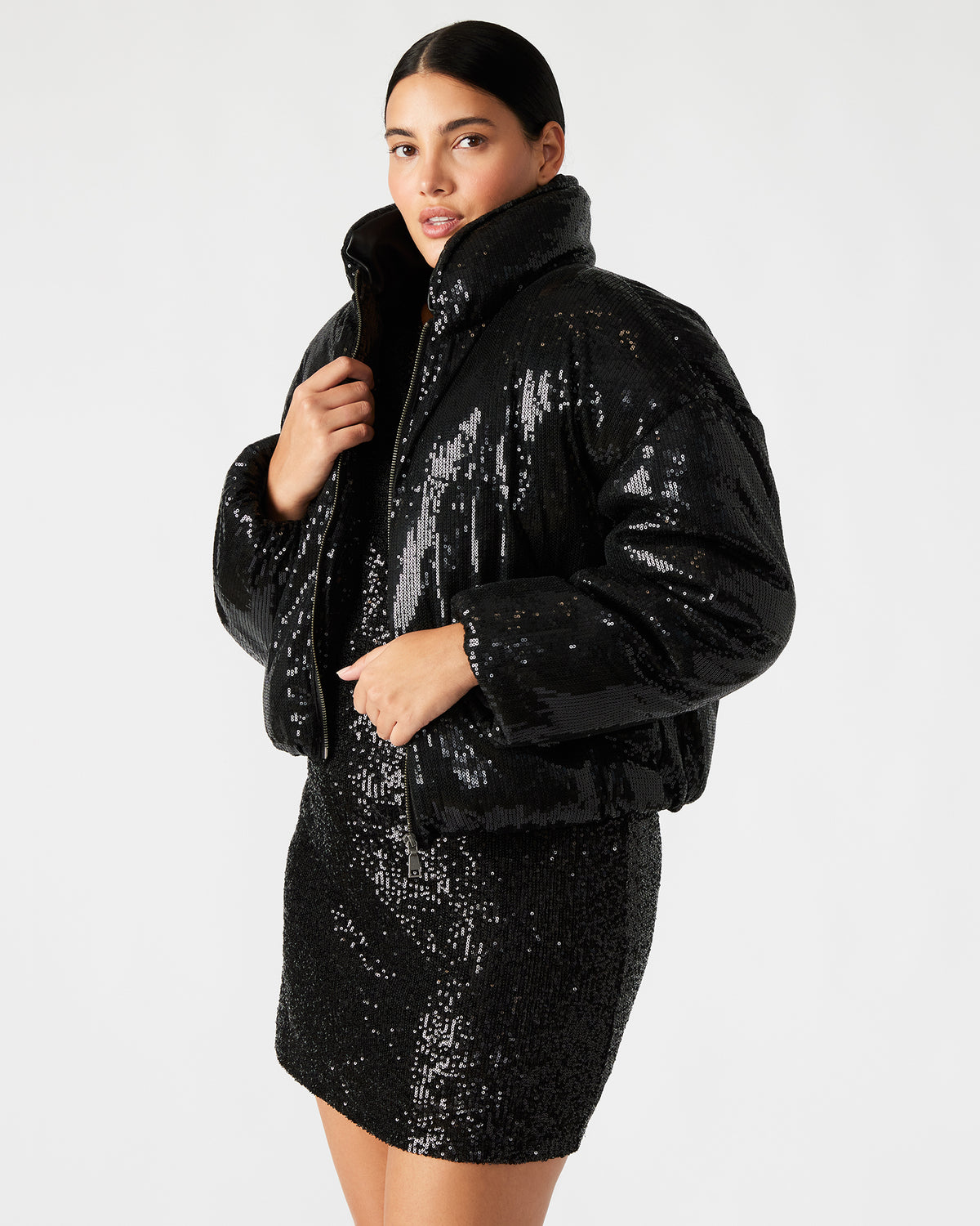 Steve Madden STRATTO Jacket Black | Women's Sequin Long-Sleeved Puffer Jacket