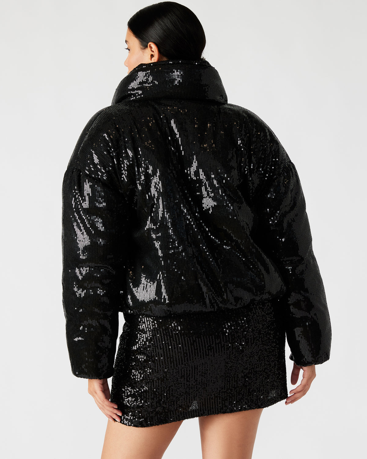 Steve Madden STRATTO Jacket Black | Women's Sequin Long-Sleeved Puffer Jacket