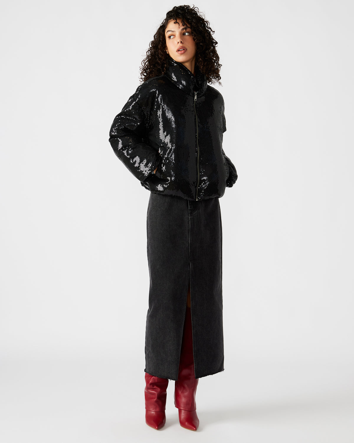 Steve Madden STRATTO Jacket Black | Women's Sequin Long-Sleeved Puffer Jacket
