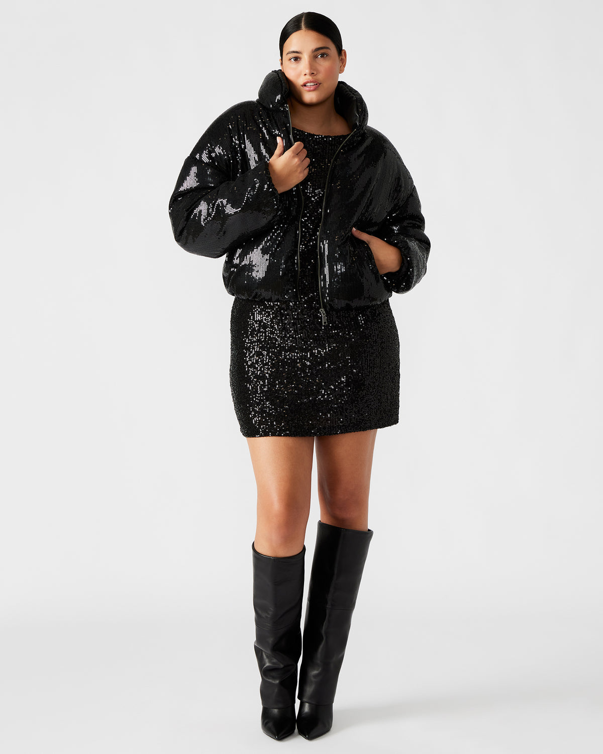 Steve Madden STRATTO Jacket Black | Women's Sequin Long-Sleeved Puffer Jacket
