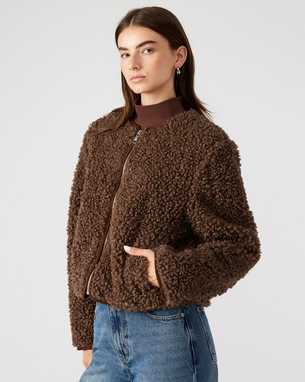 Steve Madden TEDDY Jacket Brown | Women's Collarless Sherpa Jacket