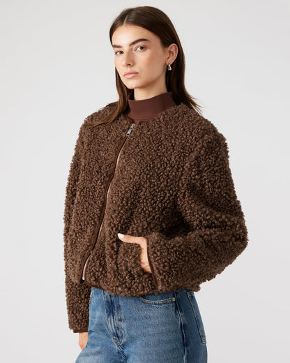 Steve Madden TEDDY Jacket Brown | Women's Collarless Sherpa Jacket