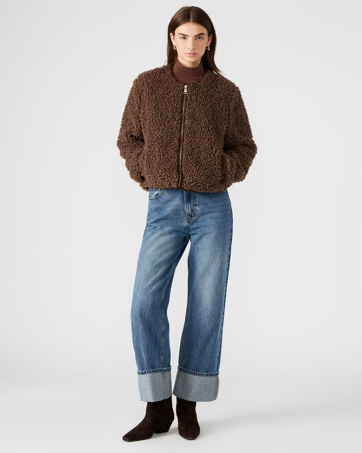 Steve Madden TEDDY Jacket Brown | Women's Collarless Sherpa Jacket