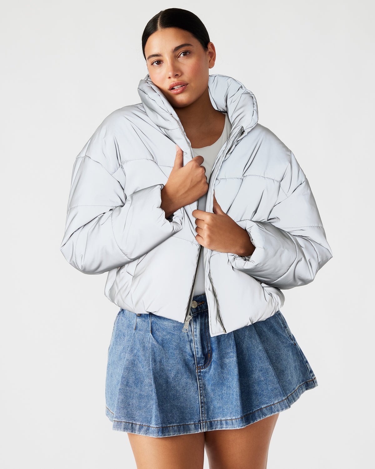 Steve Madden POLAR Jacket Silver | Women's Reflective Nylon Puffer Jacket