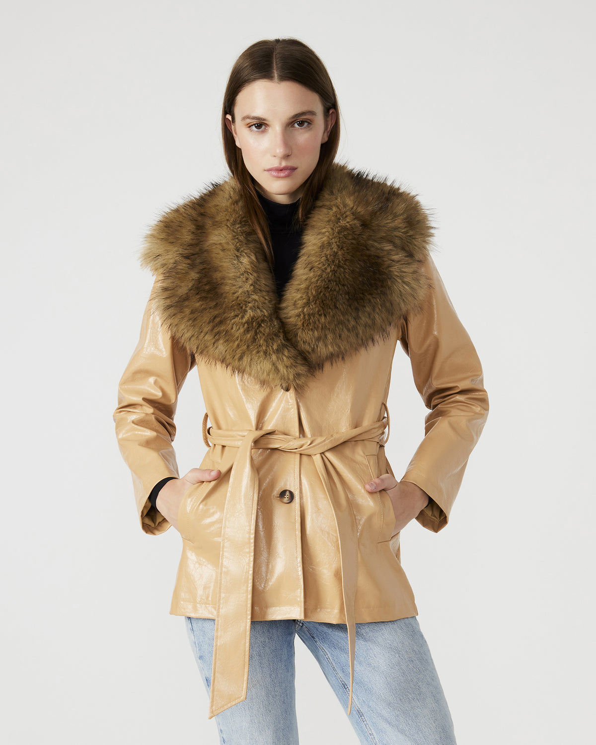 Steve Madden BOWERY Coat Tan | Women's Faux Leather Button-Up Coat