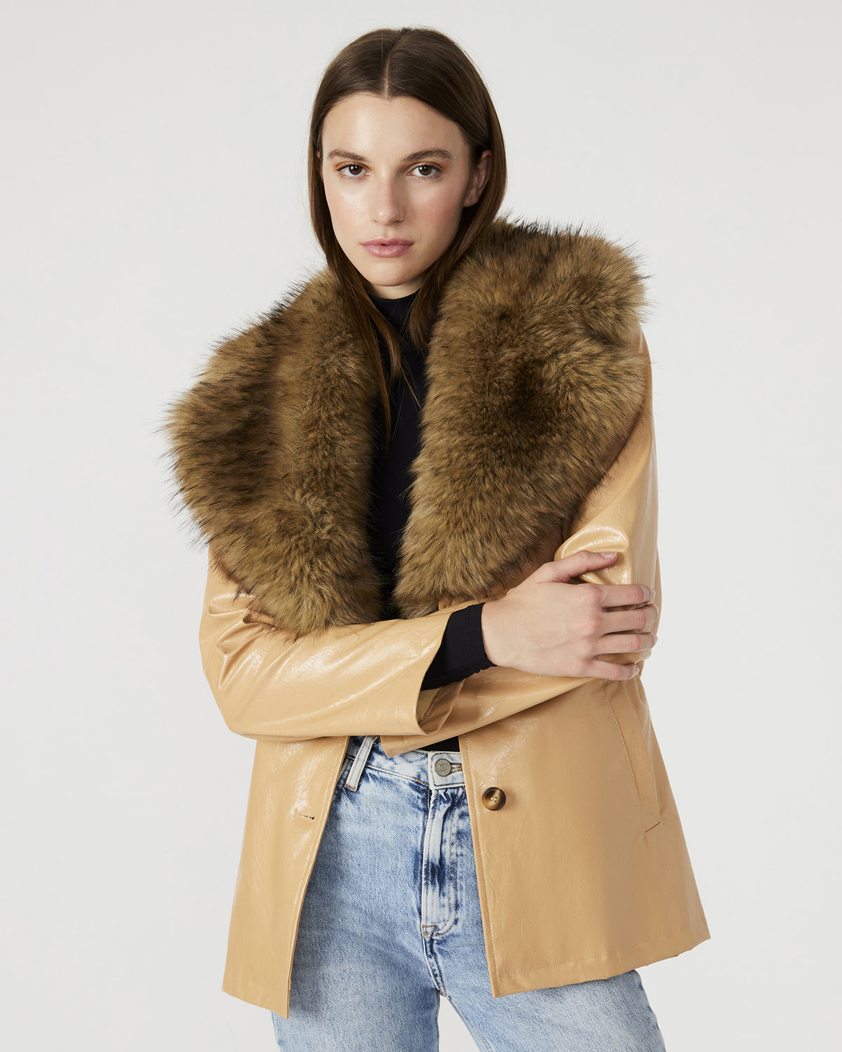 Steve Madden BOWERY Coat Tan | Women's Faux Leather Button-Up Coat