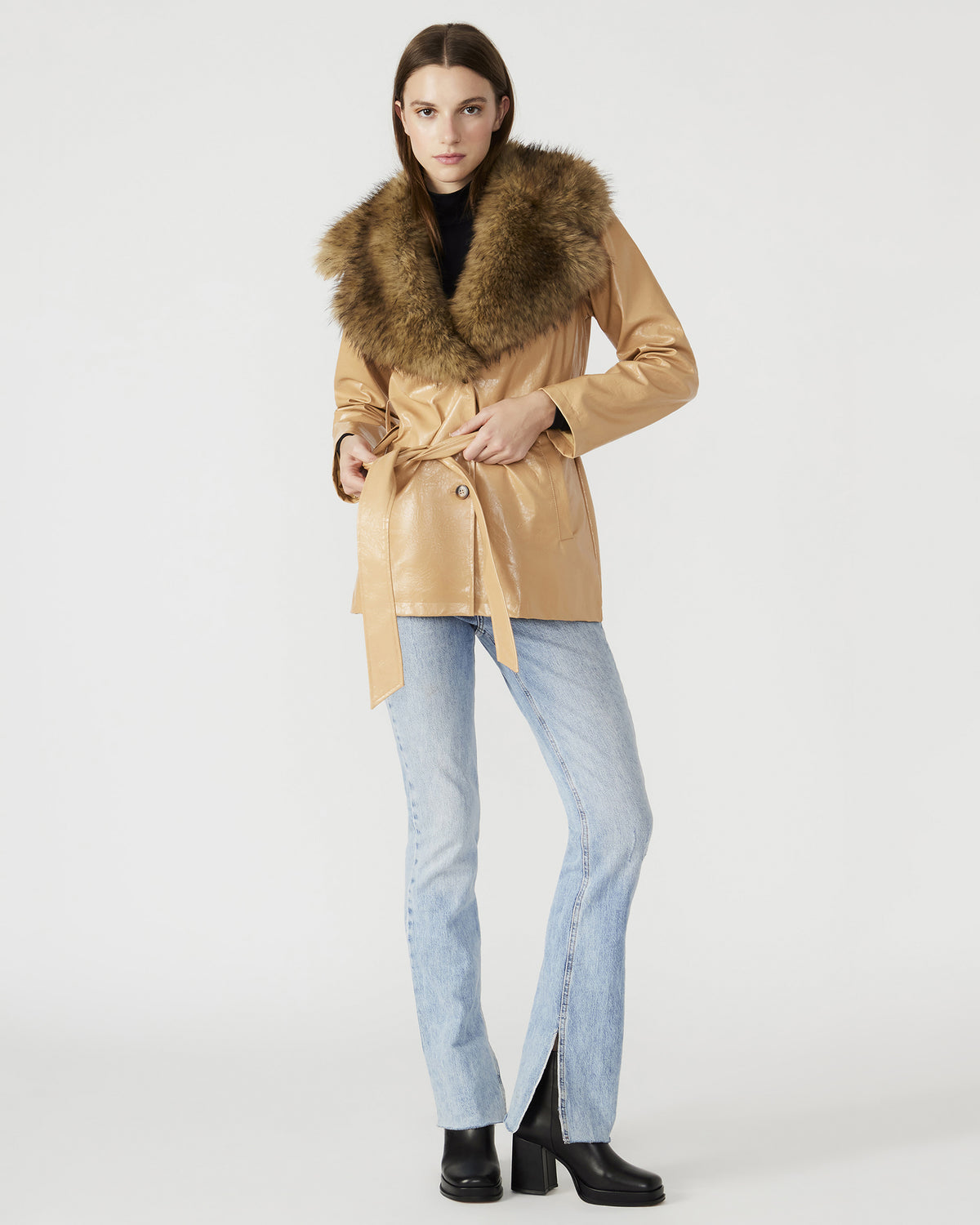 Steve Madden BOWERY Coat Tan | Women's Faux Leather Button-Up Coat