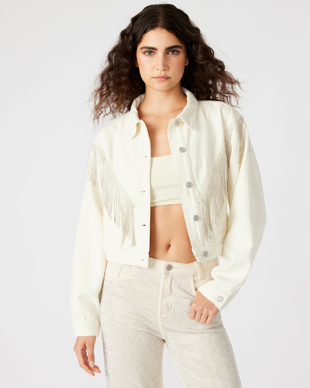 Steve Madden CANYON Denim Jacket Cream | Women's Rhinestone Fringe Jacket