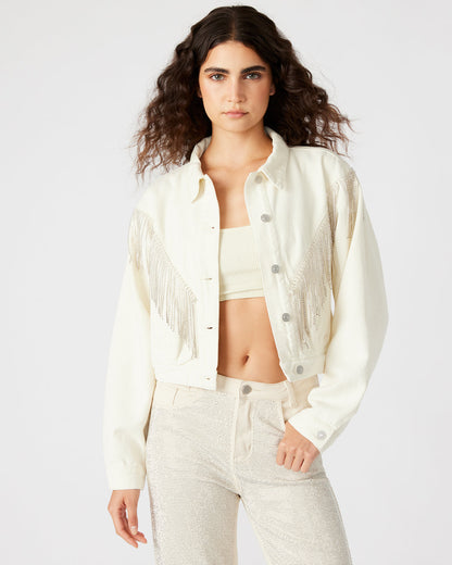 Steve Madden CANYON Denim Jacket Cream | Women's Rhinestone Fringe Jacket