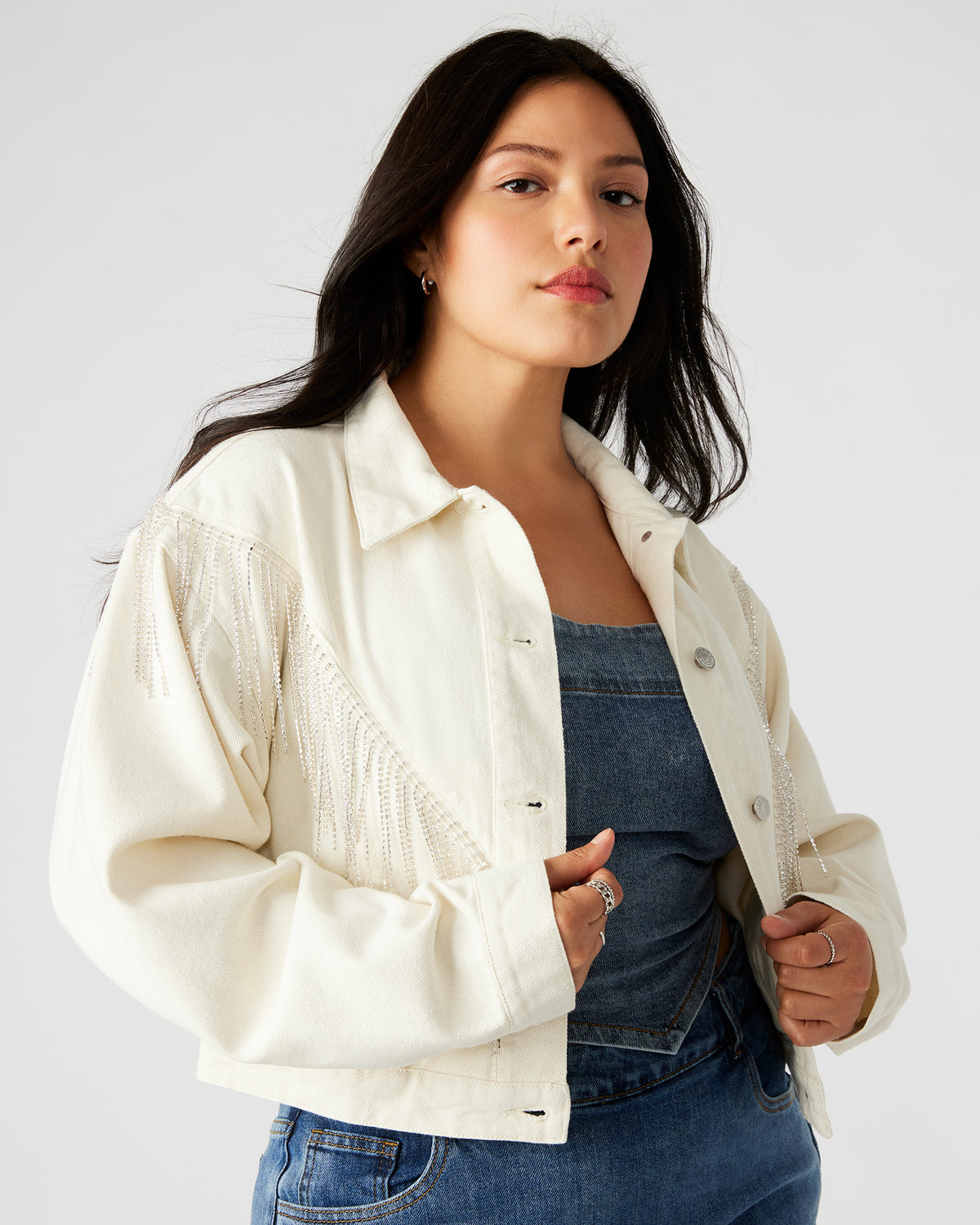 Steve Madden CANYON Denim Jacket Cream | Women's Rhinestone Fringe Jacket