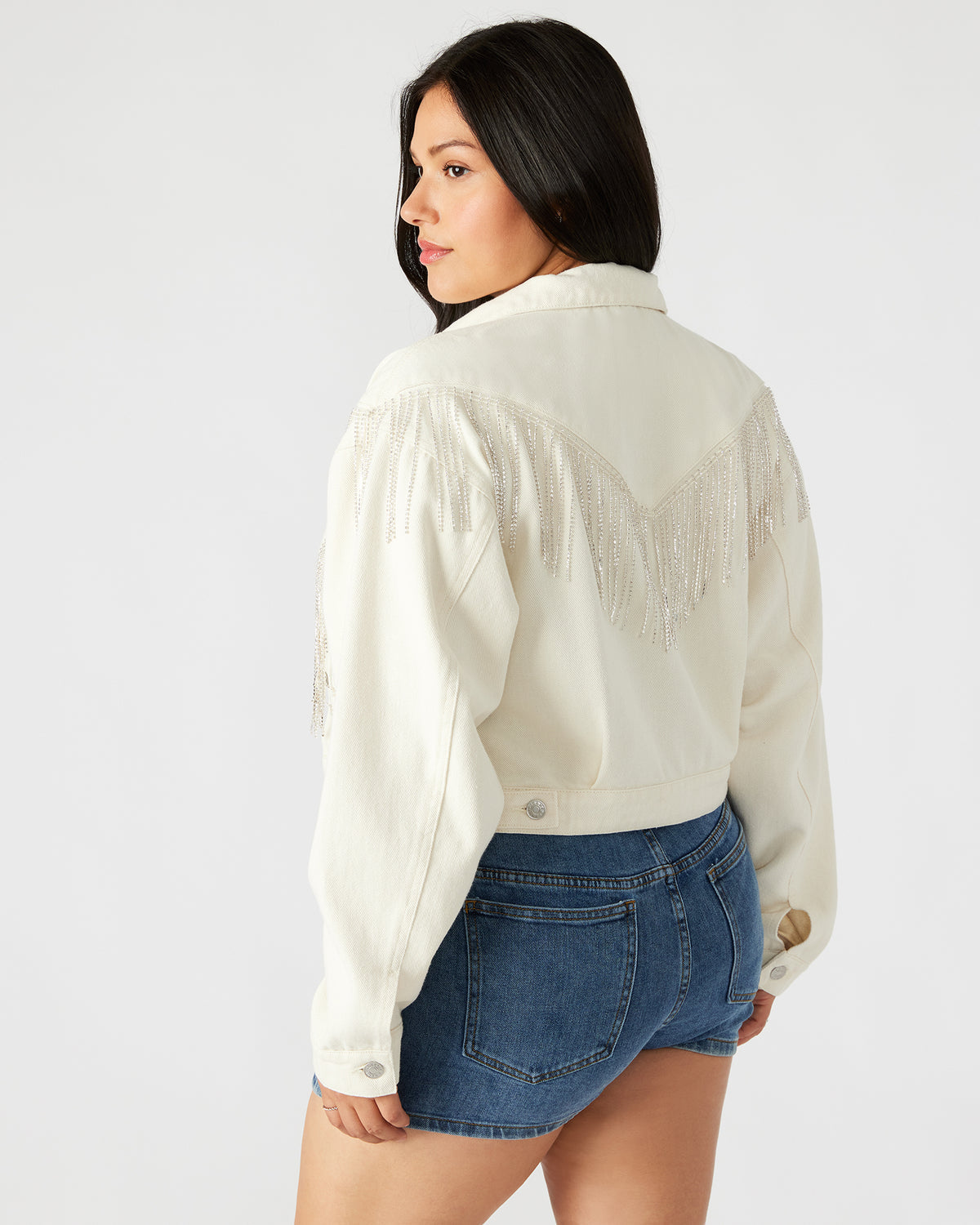 Steve Madden CANYON Denim Jacket Cream | Women's Rhinestone Fringe Jacket