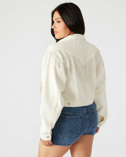 Steve Madden CANYON Denim Jacket Cream | Women's Rhinestone Fringe Jacket
