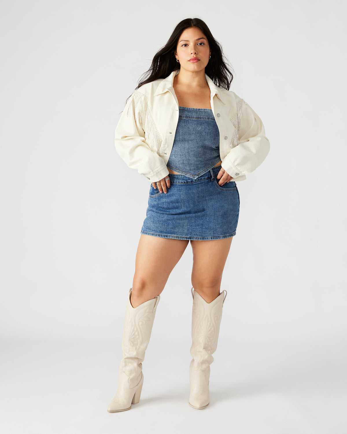 Steve Madden CANYON Denim Jacket Cream | Women's Rhinestone Fringe Jacket