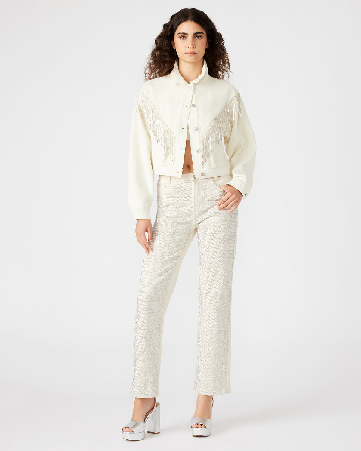 Steve Madden CANYON Denim Jacket Cream | Women's Rhinestone Fringe Jacket
