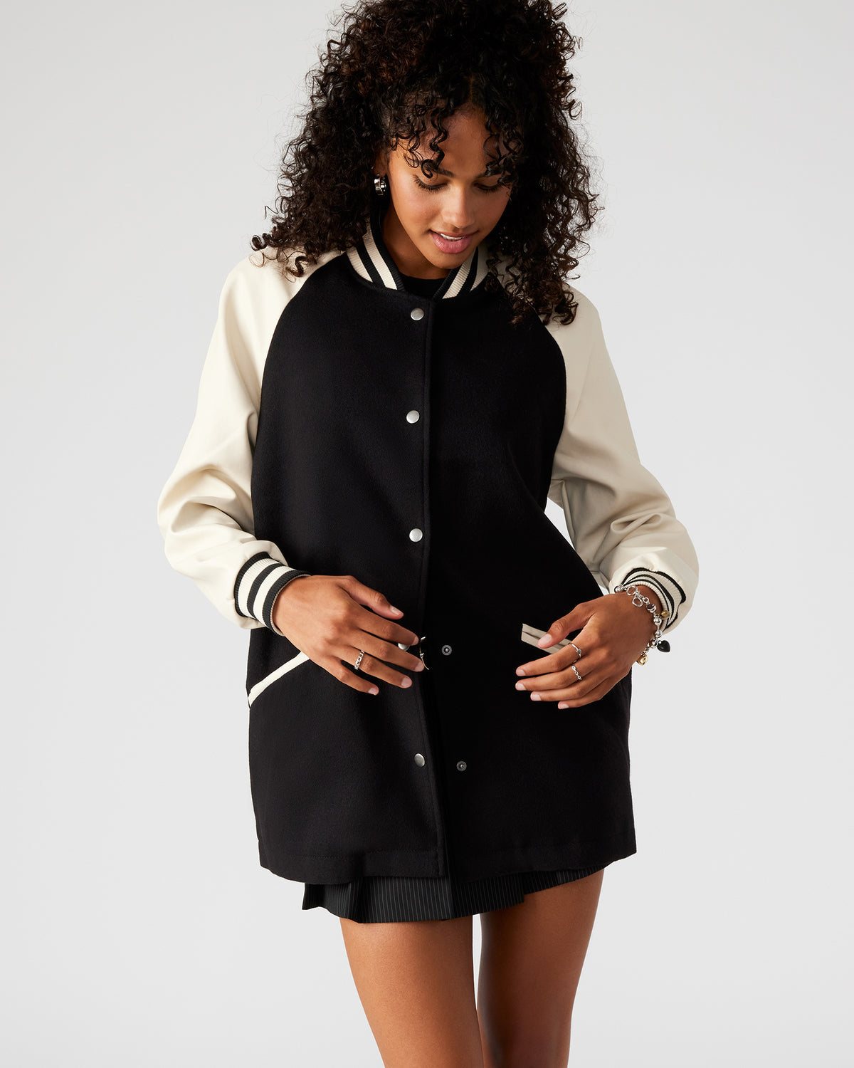 Steve Madden SKYLIE Jacket Black | Women's Varsity Bomber Jacket