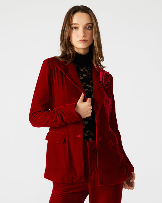 Steve Madden MERENE Blazer Red | Women's Long-Sleeved Button-Up Velvet Blazer