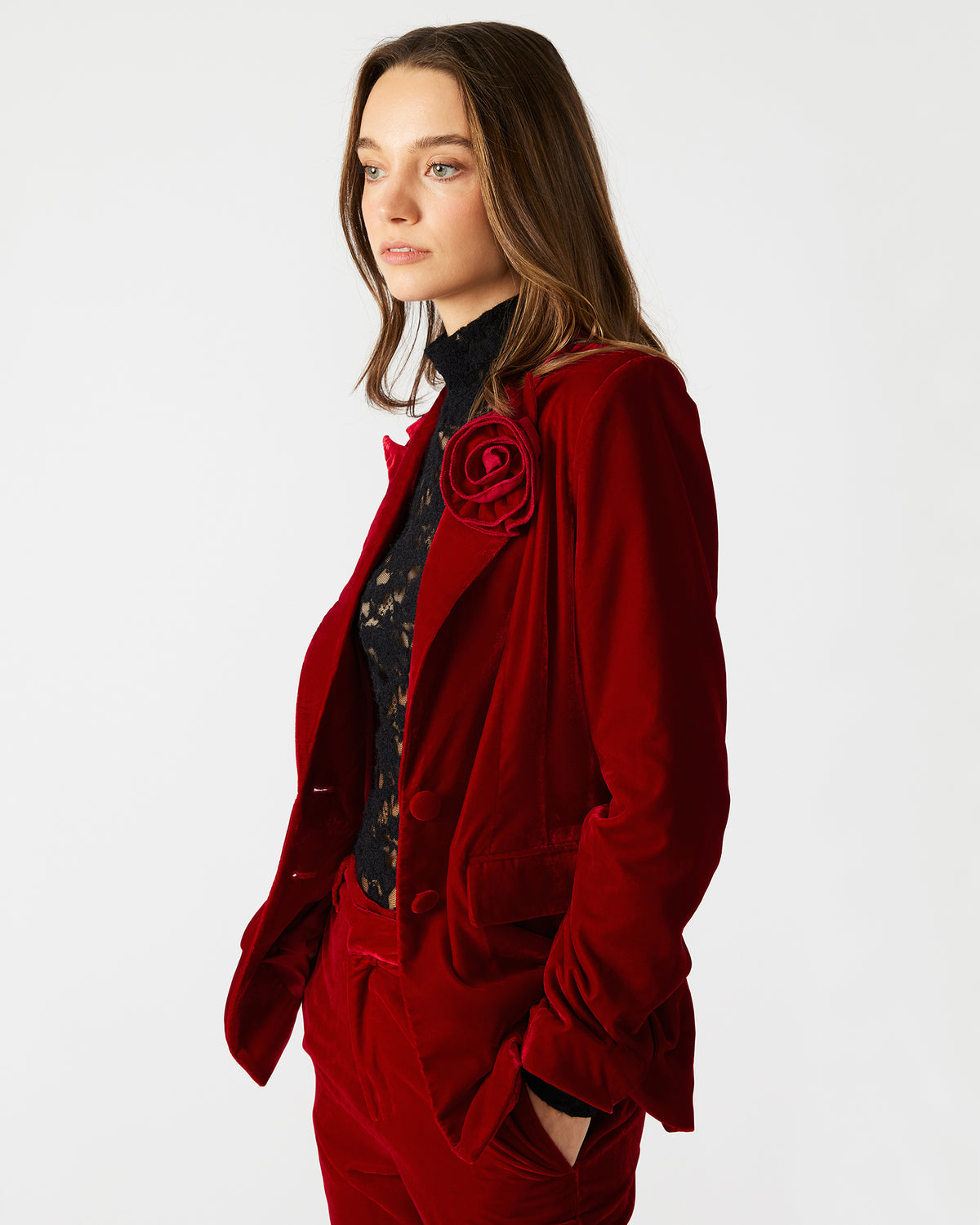 Steve Madden MERENE Blazer Red | Women's Long-Sleeved Button-Up Velvet Blazer