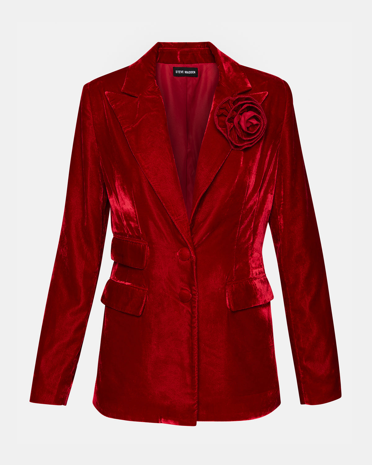 Steve Madden MERENE Blazer Red | Women's Long-Sleeved Button-Up Velvet Blazer