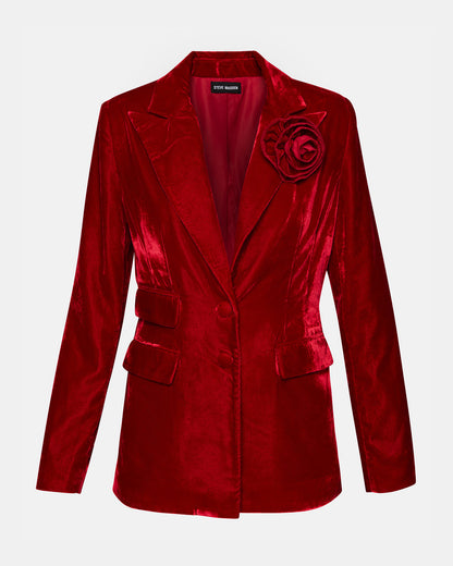 Steve Madden MERENE Blazer Red | Women's Long-Sleeved Button-Up Velvet Blazer