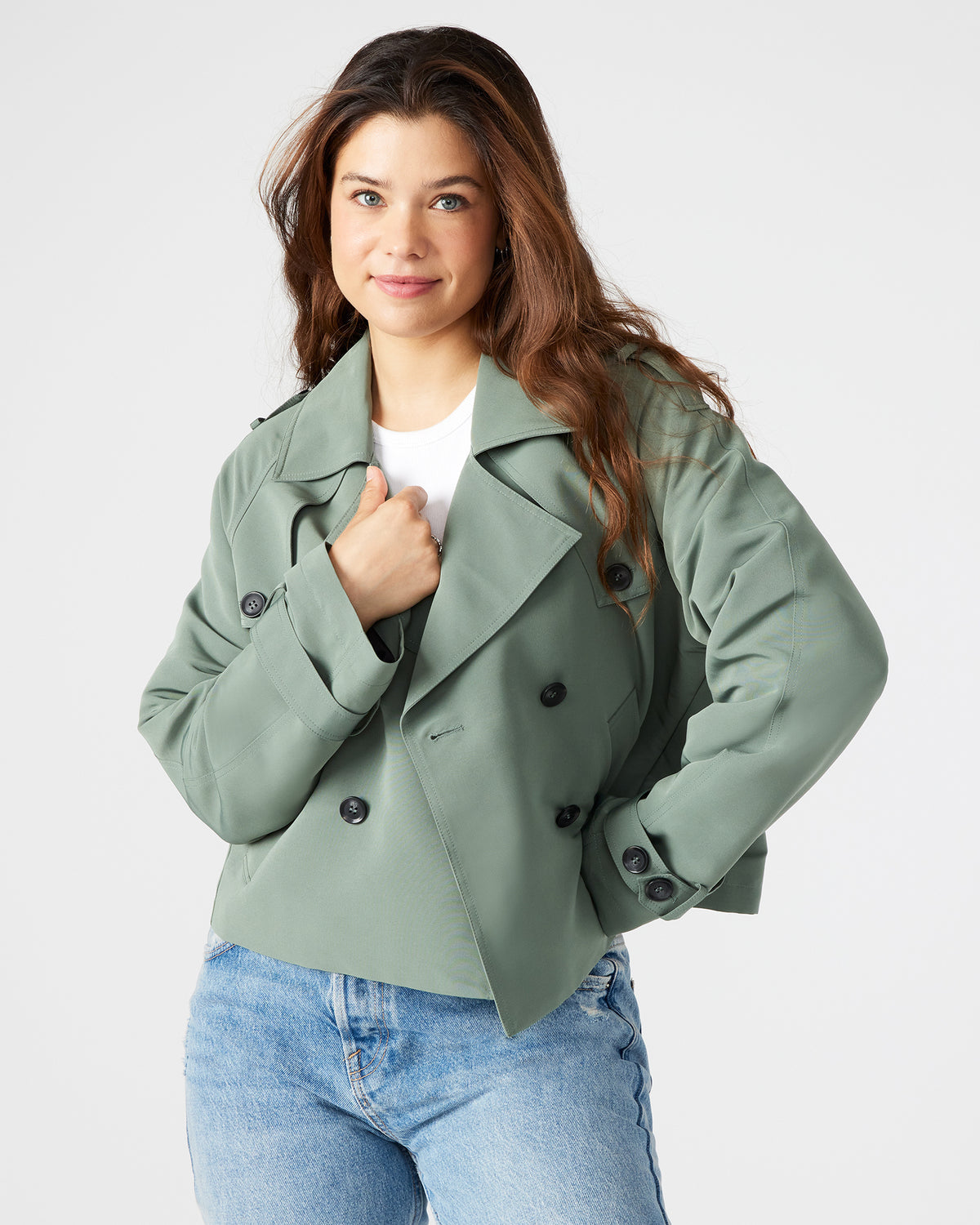 Steve Madden SIRUS Light Green Women's Cropped Denim Trench Coat